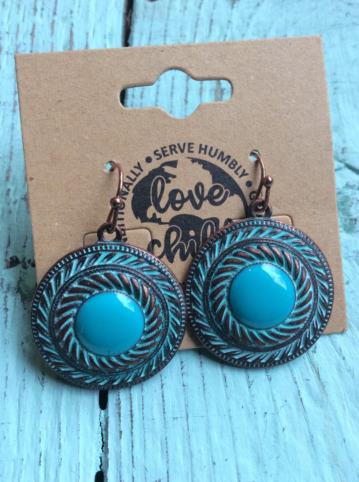 Copper & Turquoise Enamel Drop Earrings